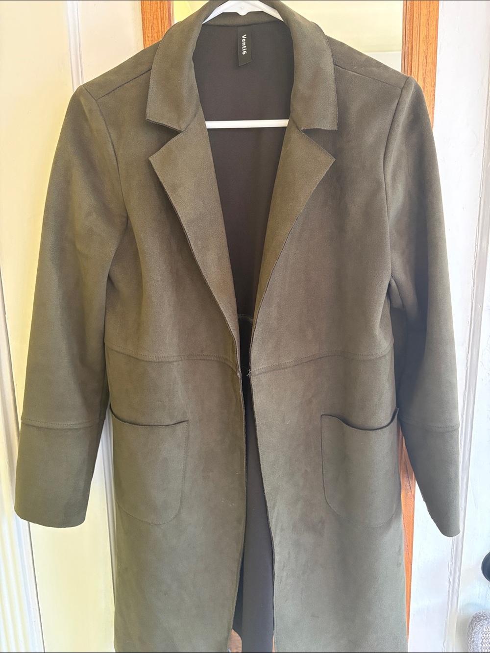 Venti6 Olive Suede-Effect Long (Thin) Trench Coat